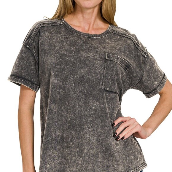 Zenana Acid Washed Round Neck T Shirt, Ash Black - Picture 3 of 3